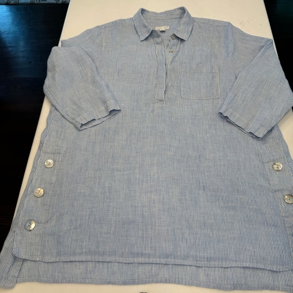J Jill Love Linen Tunic Top Womens Size S Shirt Blue White Stripe 3/4 Sleeve - Picture 5 of 7